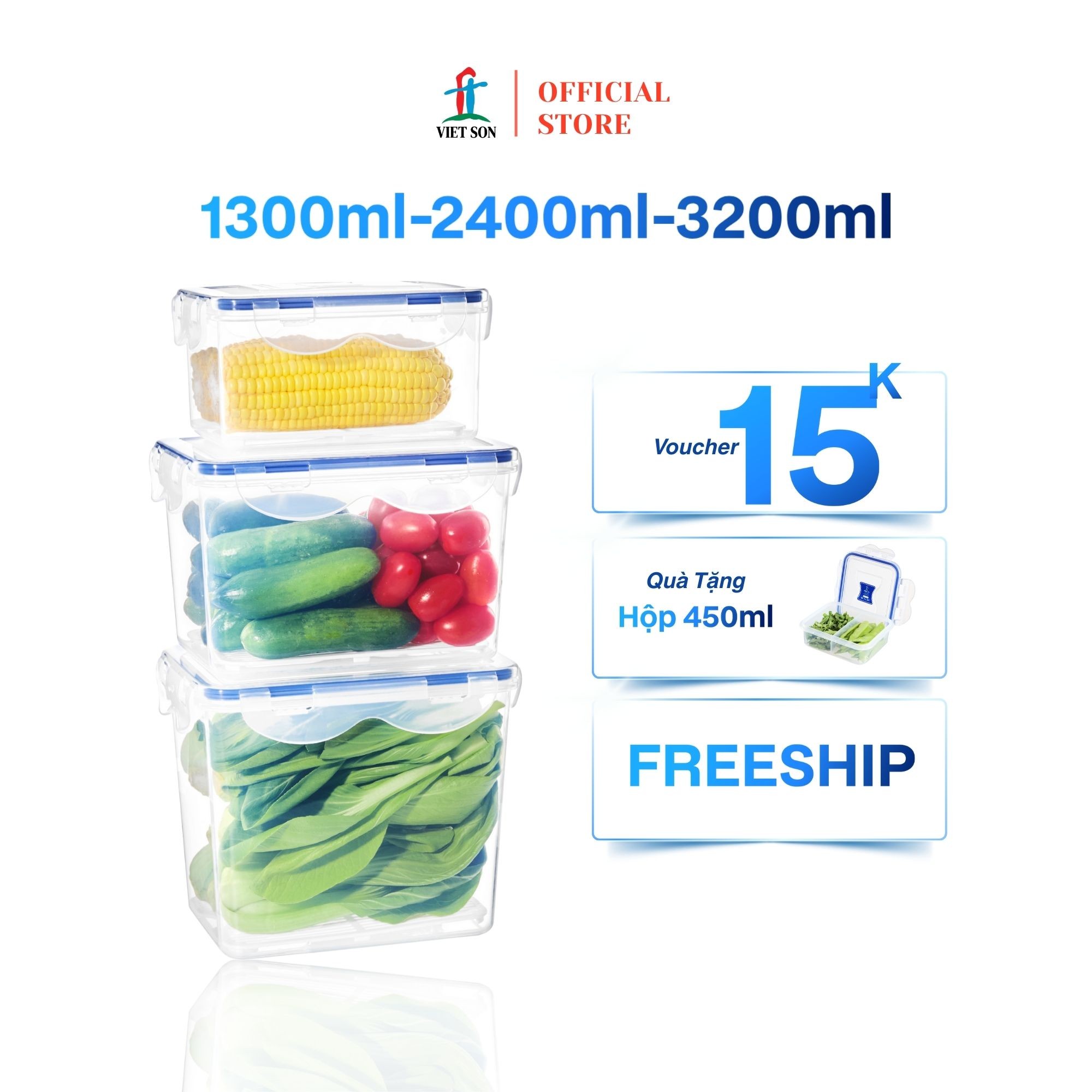 Bộ 3 Hộp Đựng Thực Phẩm Việt Son Nắp Khóa 4 Cạnh Kín Hơi 1300ml, 2400ml, 3200ml